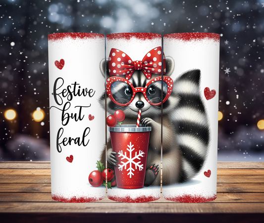 20oz Skinny Tumbler - Festive Raccoon