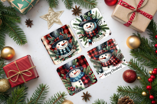 Coaster Set - Buffalo Plaid Snowman